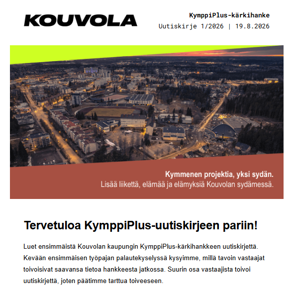 Kuvakaappaus KymppiPlus-kärkihankkeen uutiskirjeestä, jossa ilmakuva Urheilupuiston alueesta.