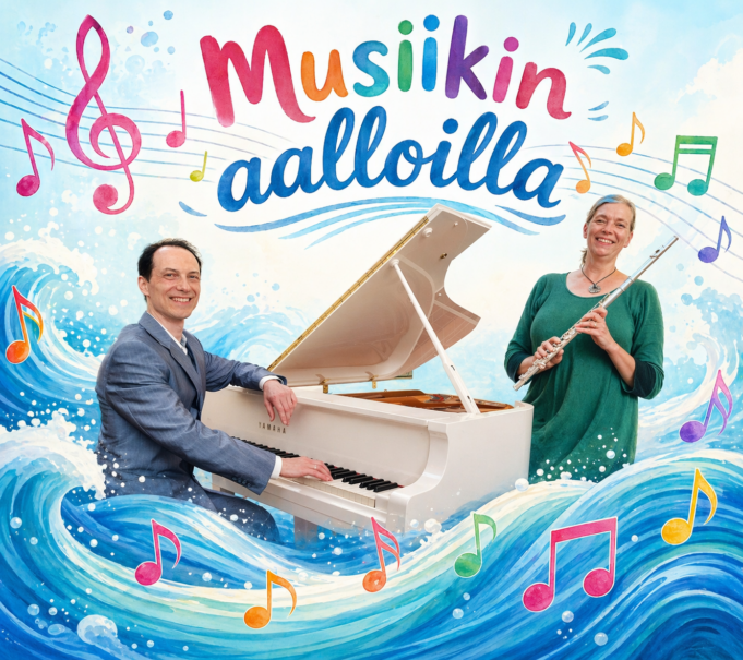 Juliste esityksestä jossa on kaksi muusikkoa aaltojen ympäröimänä