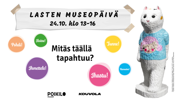 Lasten museopäivä juliste jossa infografiikkaa ja kissaveistos