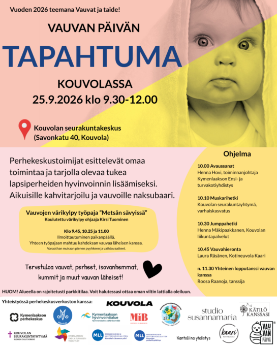 Juliste vauvan päivän tapahtumasta jossa kuva vauvasta sekä infografiikkaa
