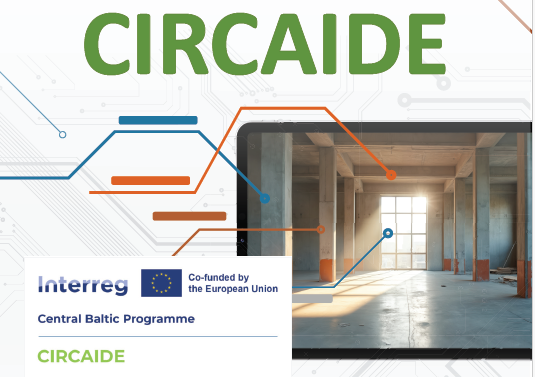 Circaide-hankkeen kuva, jossa EU-logo sekä kuva huoneesta, josta on ikäänkuin poimittu potentiaalisia kierrätyskohteita värillisillä viivoilla.